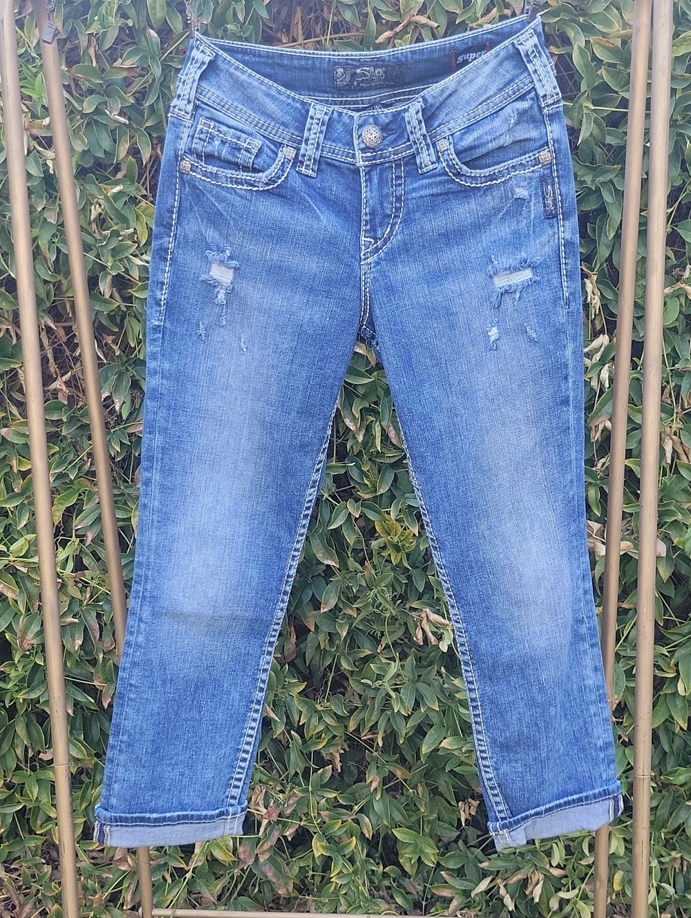 Y2K Silver Suki Mid Capri Jeans Super Stretch Embellished Sequin Stich